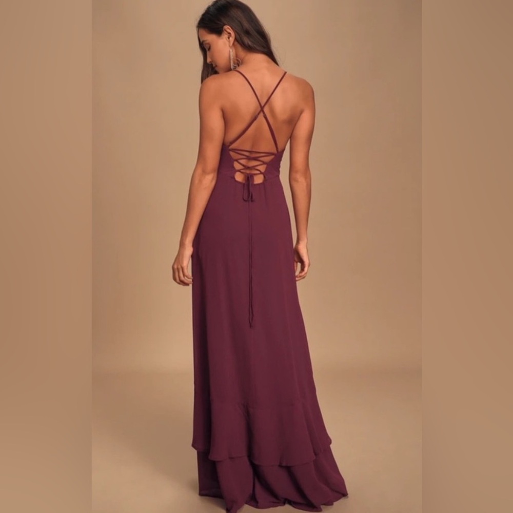 Lulus - NWT women's In Love Forever plum lace up high low Maxi Shiffon Dress XS - Picture 7 of 12